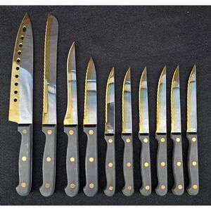 10 Piece Vtg Kitchen Knife Set Gold Edge Full Tang Riveted Black Handle 90s